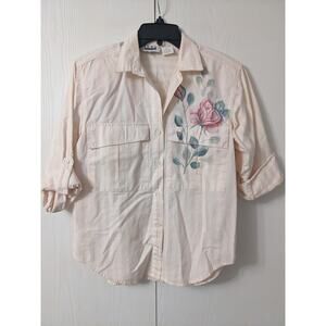 ilio Women's 1/2 Sleeve Pink Strip Button Down Floral Pockets Shirt Top Size S